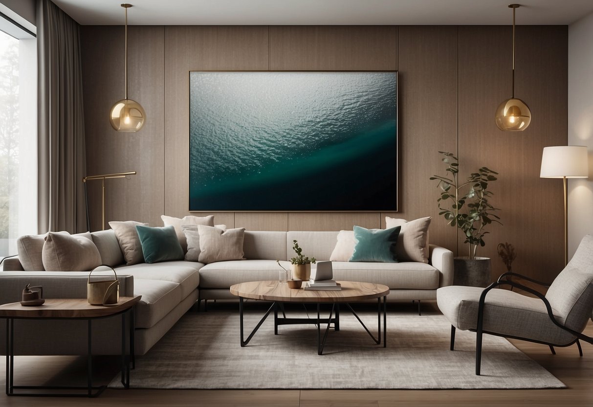 A sleek, minimalist living room with a neutral color palette, clean lines, and a mix of textures like wood, metal, and glass. A large statement piece of artwork on the wall adds a pop of color and visual interest