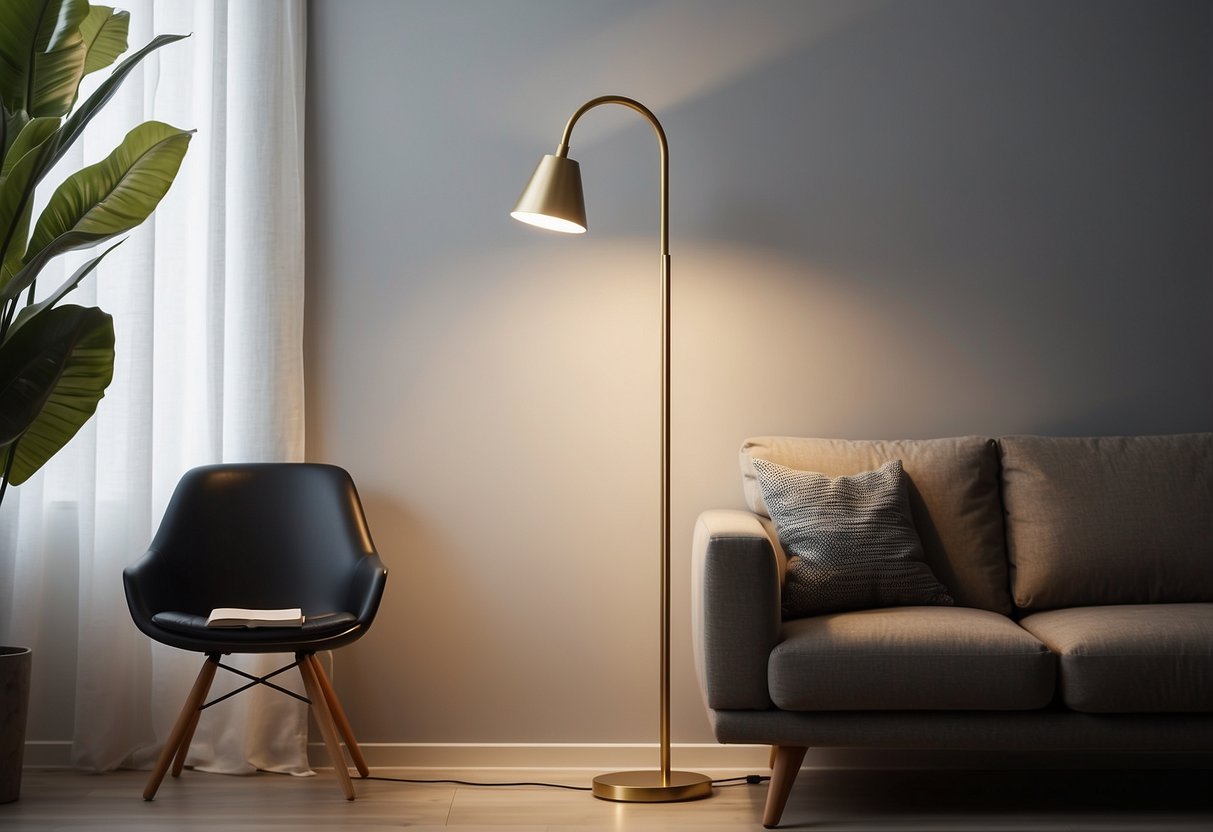 A sleek, minimalist floor lamp stands in a modern, aesthetically pleasing home decor setting