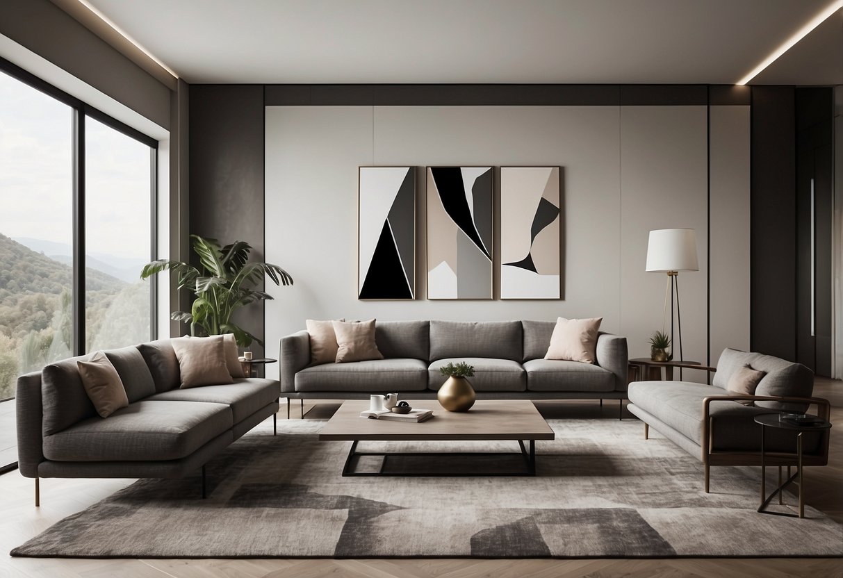 A sleek, minimalist living room with angular furniture, bold geometric patterns on the walls, and abstract artwork in neutral tones