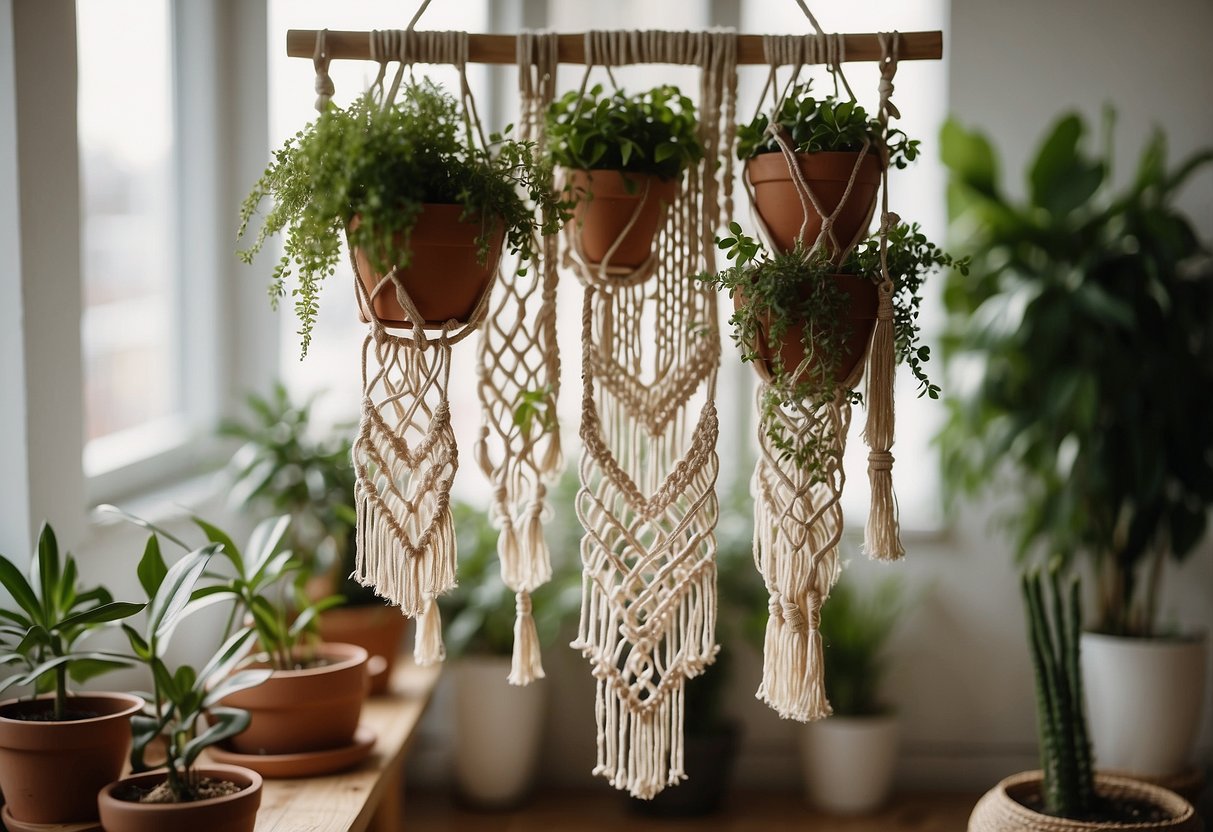 A modern, bohemian macrame wall hanging decorates a bright, airy room with plants and natural light