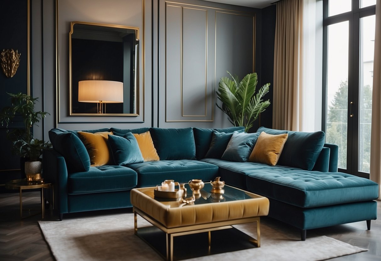 A modern, aesthetic living room with a velvet upholstered sofa as the focal point of the decor