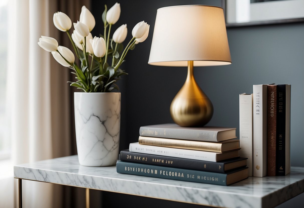 A modern marble top side table sits in a well-lit room, adorned with a sleek vase and a stack of art books