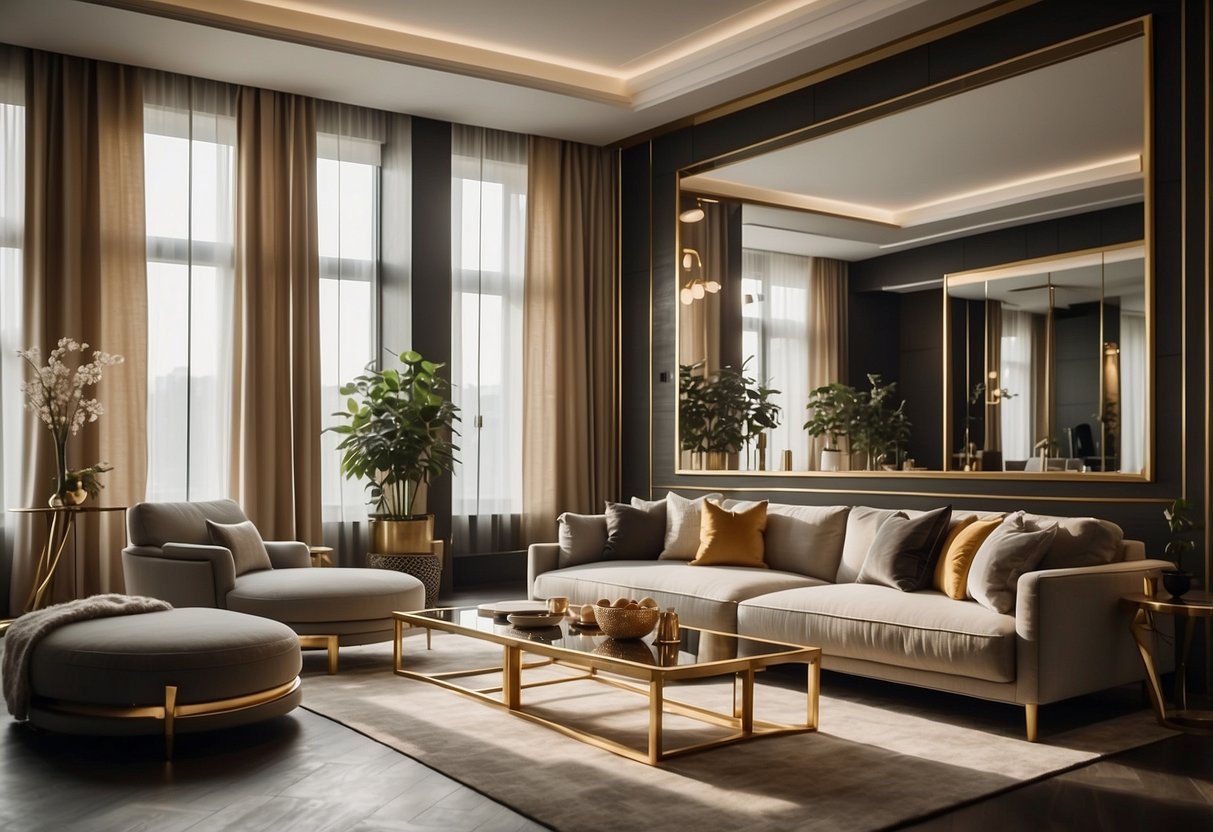 A modern living room with gold accent mirrors on the wall, reflecting the sleek and stylish decor