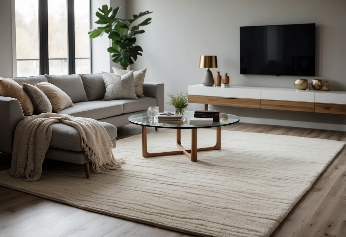 A modern area rug in a sleek, minimalist living room with clean lines and neutral colors