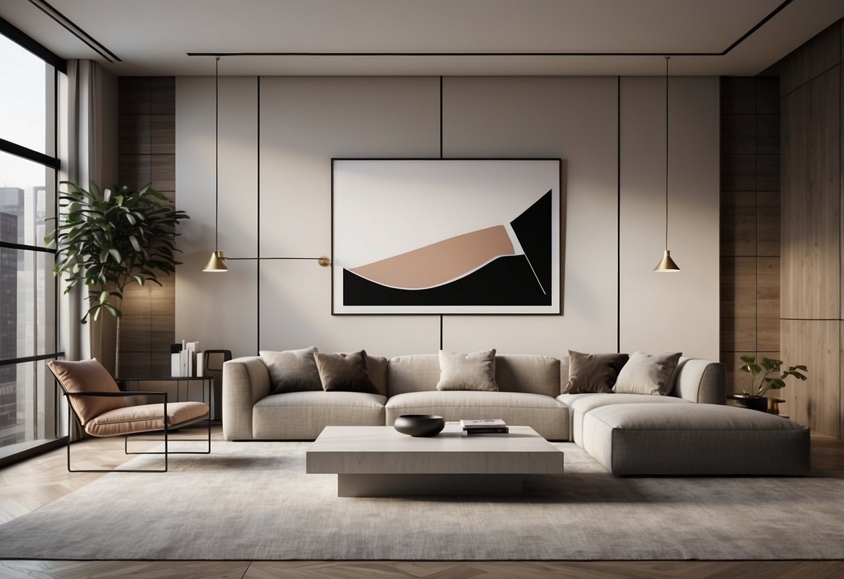 A sleek, minimalist living room with clean lines, neutral colors, and geometric shapes. A large, abstract art piece hangs on the wall, complementing the modern aesthetic