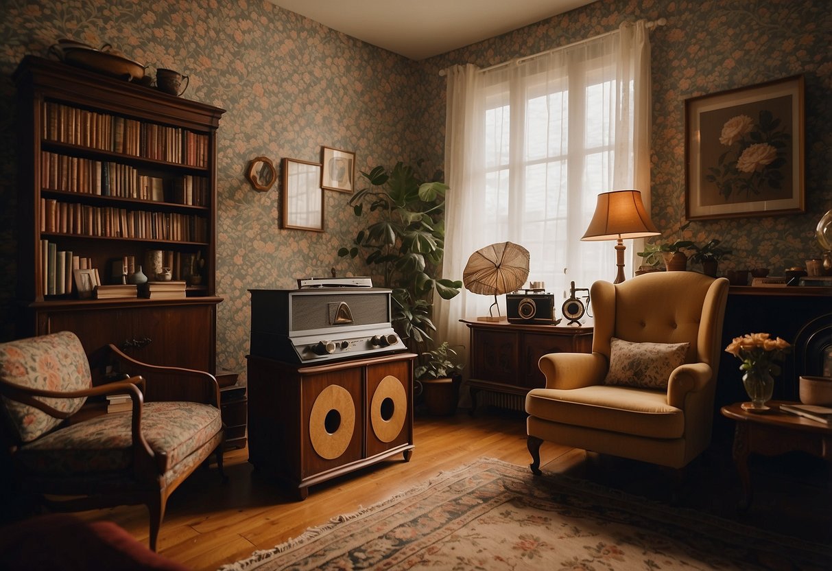 A cozy living room with floral wallpaper, antique furniture, and vintage knick-knacks. A record player sits on a side table, surrounded by old books and a classic rotary phone