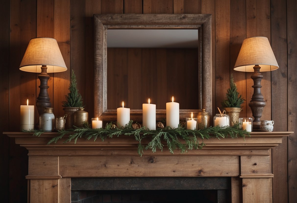 A rustic wooden mantel adorned with vintage decor, creating a cozy and nostalgic aesthetic