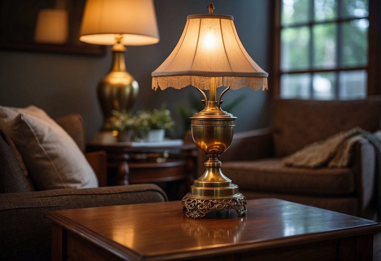 An antique brass lamp sits atop a wooden side table, casting a warm glow in a cozy living room with vintage decor