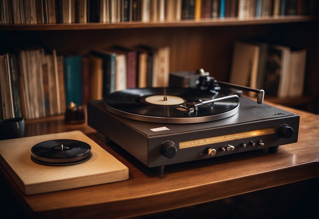 A vintage record player sits on a wooden shelf, surrounded by old vinyl records and a cozy reading nook with a warm, nostalgic atmosphere