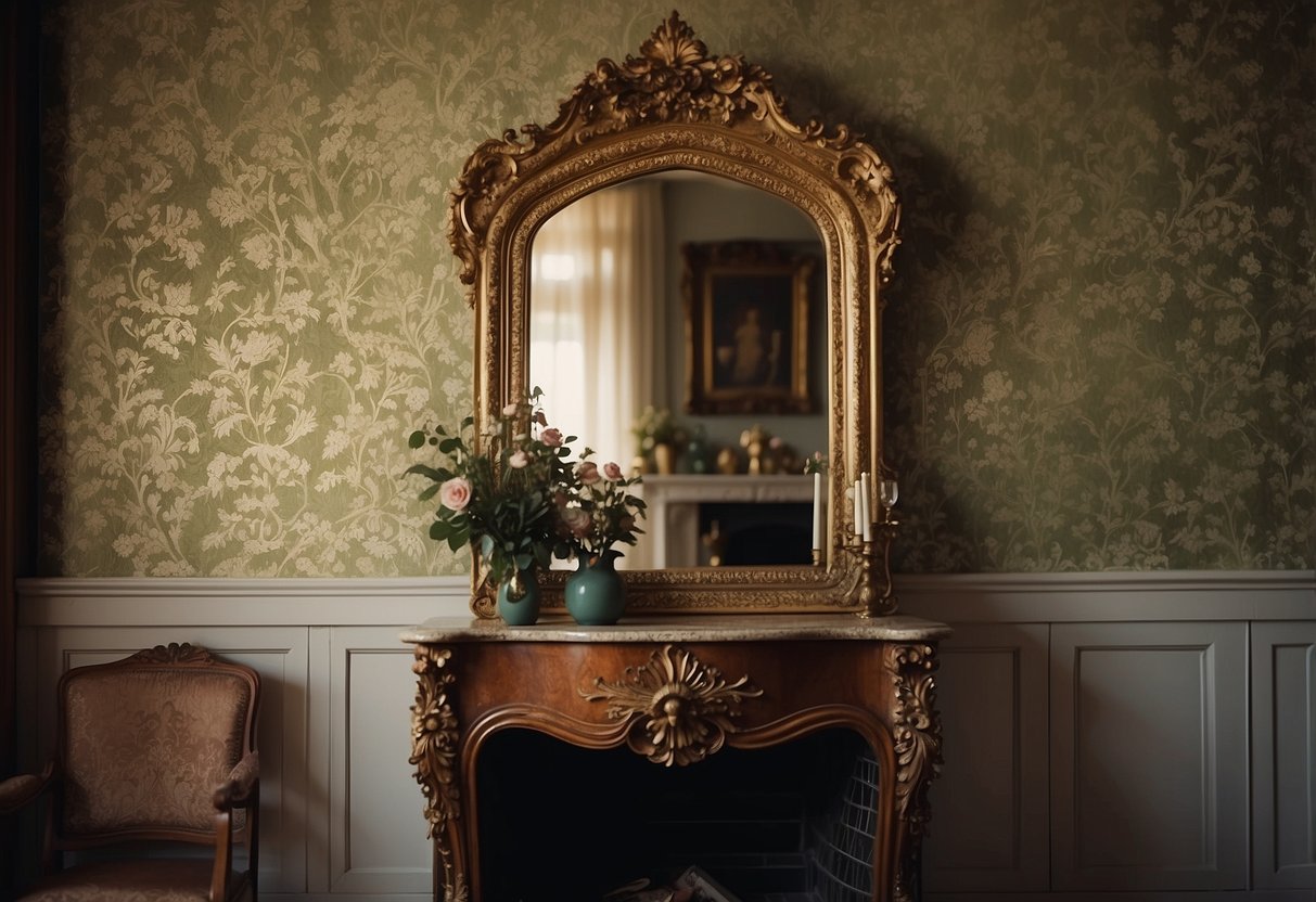 A Victorian-style mirror hangs above a fireplace, reflecting the ornate wallpaper and antique furniture in a vintage home decor setting