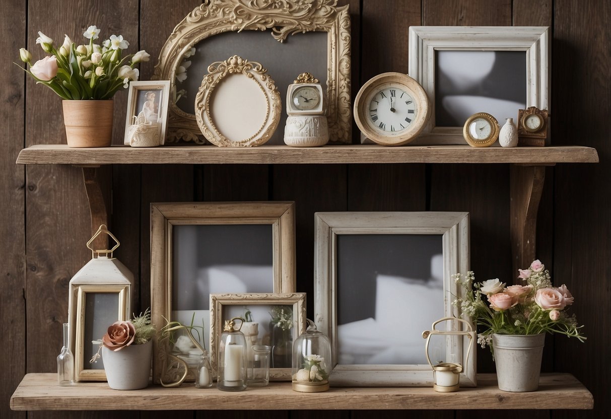 A collection of shabby chic picture frames arranged on a distressed wooden shelf, surrounded by vintage trinkets and floral accents