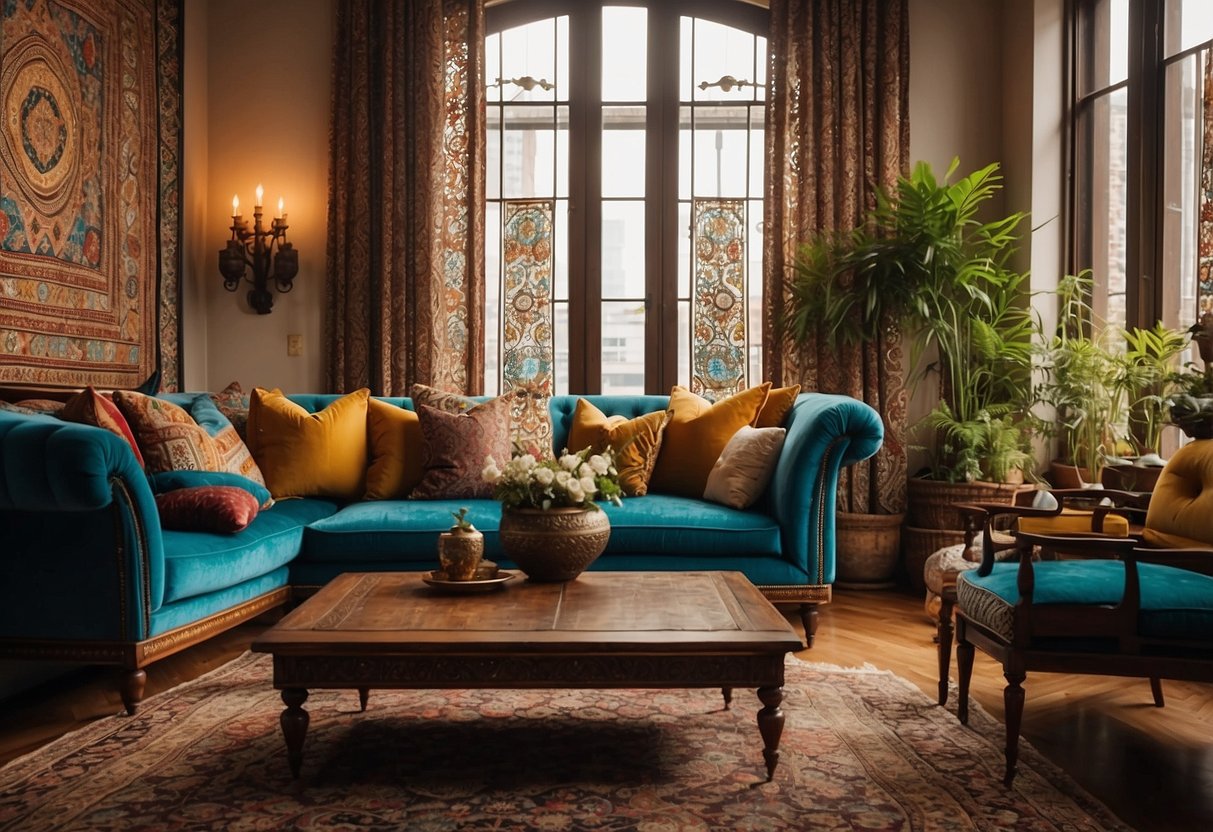 A living room with vibrant, colorful tapestries, intricate wooden furniture, and ornate brass decor. A mix of traditional and modern elements create a cozy, cultural atmosphere