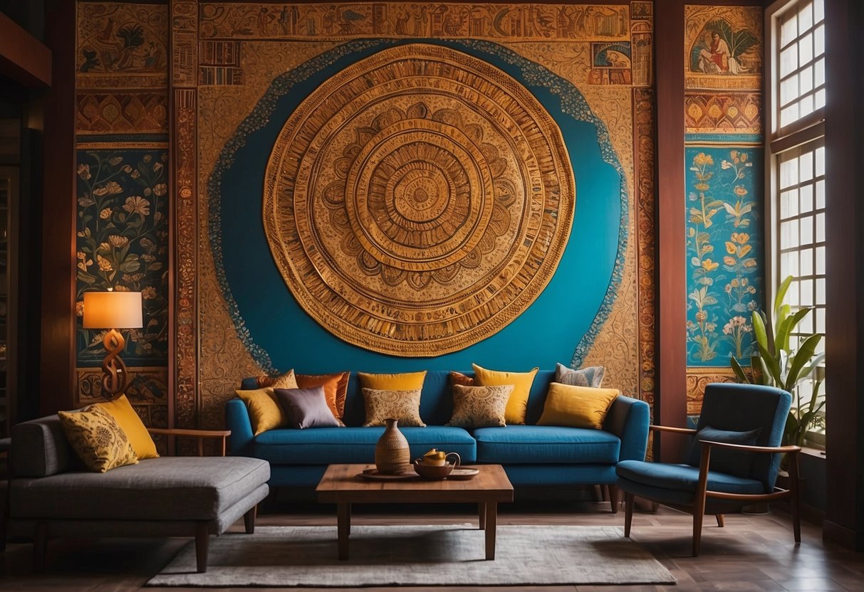 Vibrant Kerala mural adorns a living room wall, depicting traditional Indian motifs and colors, adding an aesthetic touch to the home decor