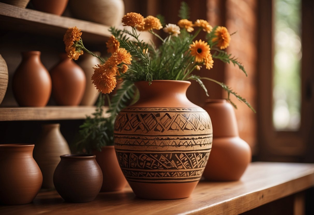 A terracotta vase sits on a wooden shelf, surrounded by earthy-toned textiles and pottery. Indian-inspired patterns adorn the decor