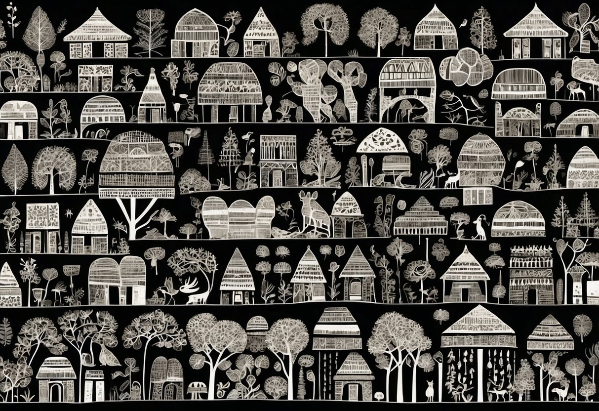 Village huts, trees, and animals in traditional Warli style. Geometric shapes and patterns. Aesthetic Indian wall decor