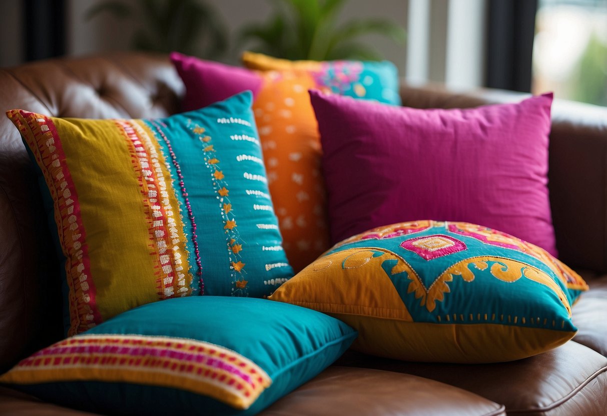 Vibrant Bandhani throw pillows arranged on a cozy couch, adding a pop of color and Indian aesthetic to the home decor