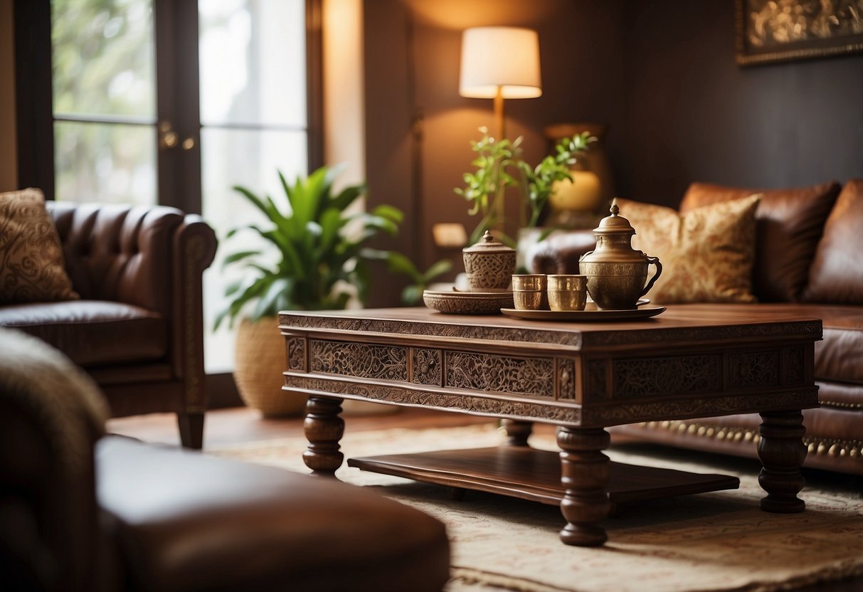 A Sheesham wood coffee table sits in an Indian-themed living room, adorned with decorative items and surrounded by cozy seating