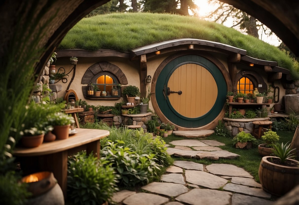 A cozy hobbit hole with round door, earthy tones, wooden furniture, and warm lighting. Books, plants, and rustic decor adorn the space