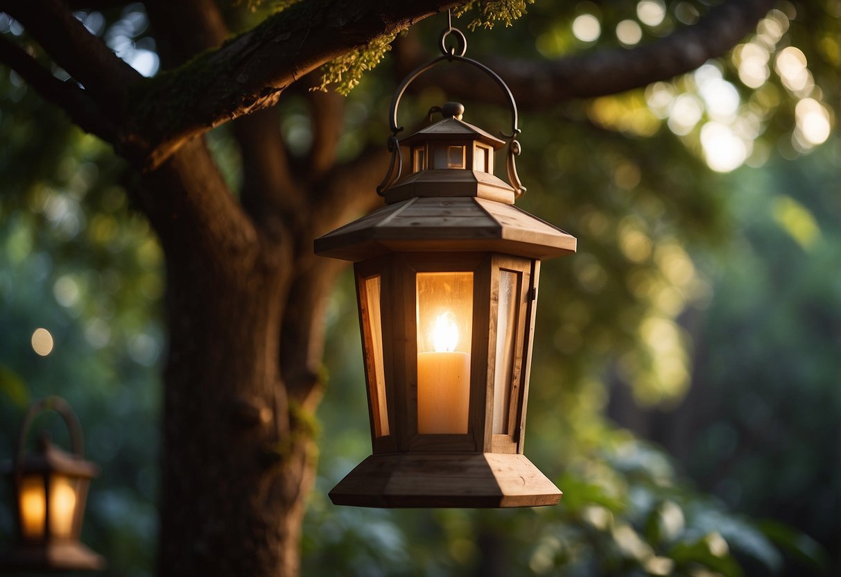 A rustic wooden lantern hangs from a tree, casting a warm glow on the cozy hobbit home, surrounded by lush greenery and earthy tones