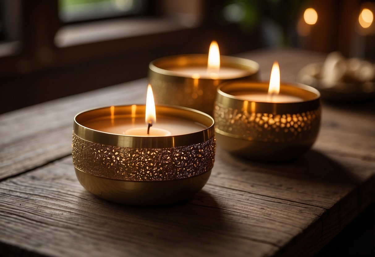 Brass candle holders on wooden table in cozy hobbit-inspired home decor setting. Vintage, rustic aesthetic with warm lighting