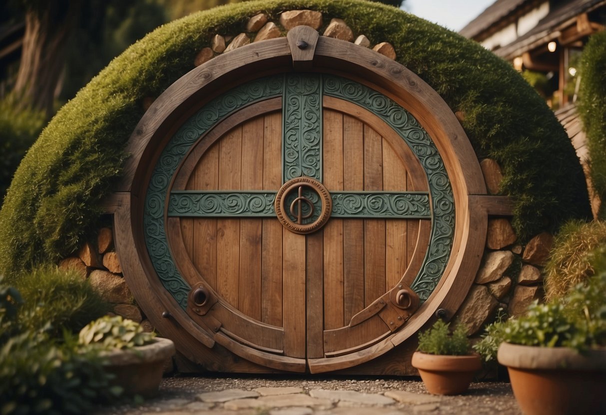 A round, wooden hobbit door stands slightly ajar, with a welcome mat adorned with intricate patterns and earthy colors at the entrance