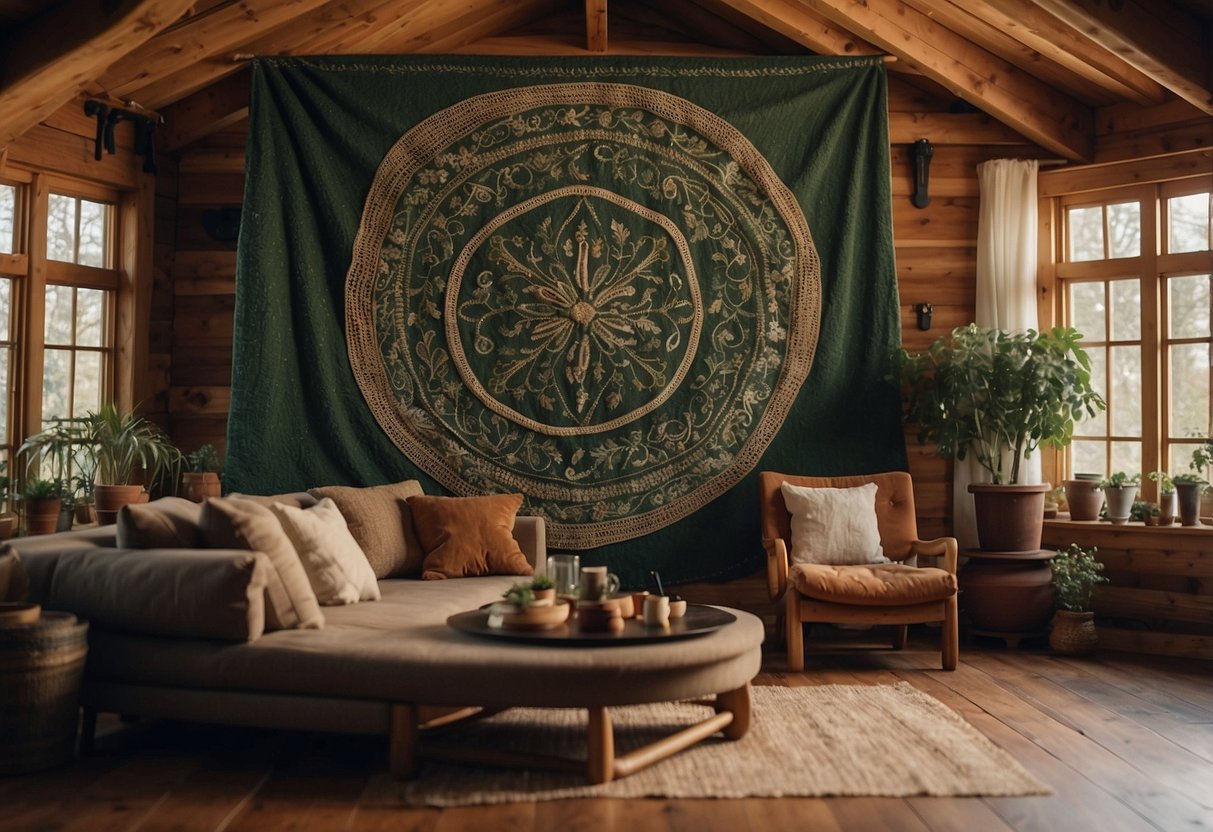 An intricately woven Elvish tapestry adorns a cozy hobbit home, adding a touch of magical charm to the rustic decor