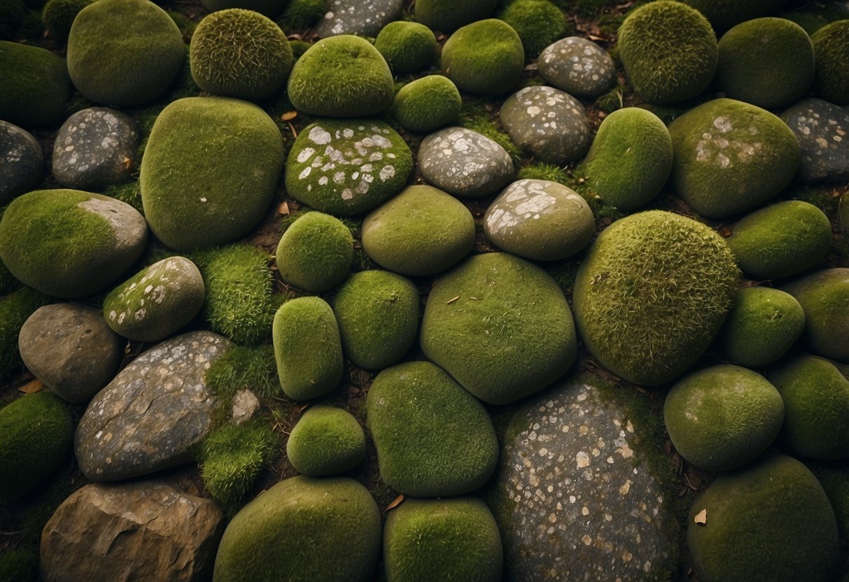 Moss-covered garden stones arranged in a whimsical pattern, creating a hobbit aesthetic