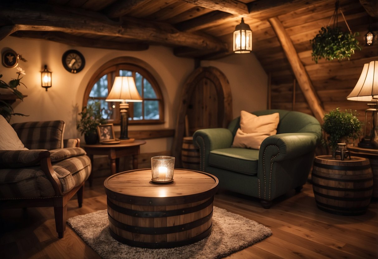 A barrel-shaped end table sits in a cozy hobbit home, adorned with rustic decor and surrounded by plush armchairs and warm lighting