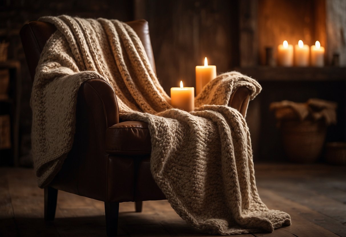 A cozy knit throw blanket drapes over a rustic wooden chair in a hobbit-inspired living room, surrounded by warm earthy tones and flickering candlelight