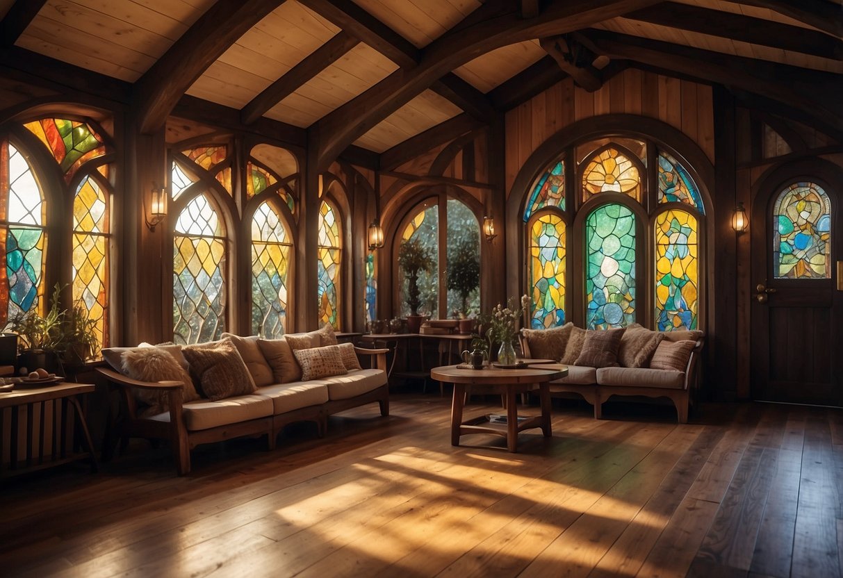 A cozy hobbit home with a stained glass window panel, casting colorful patterns on the wooden floors and walls