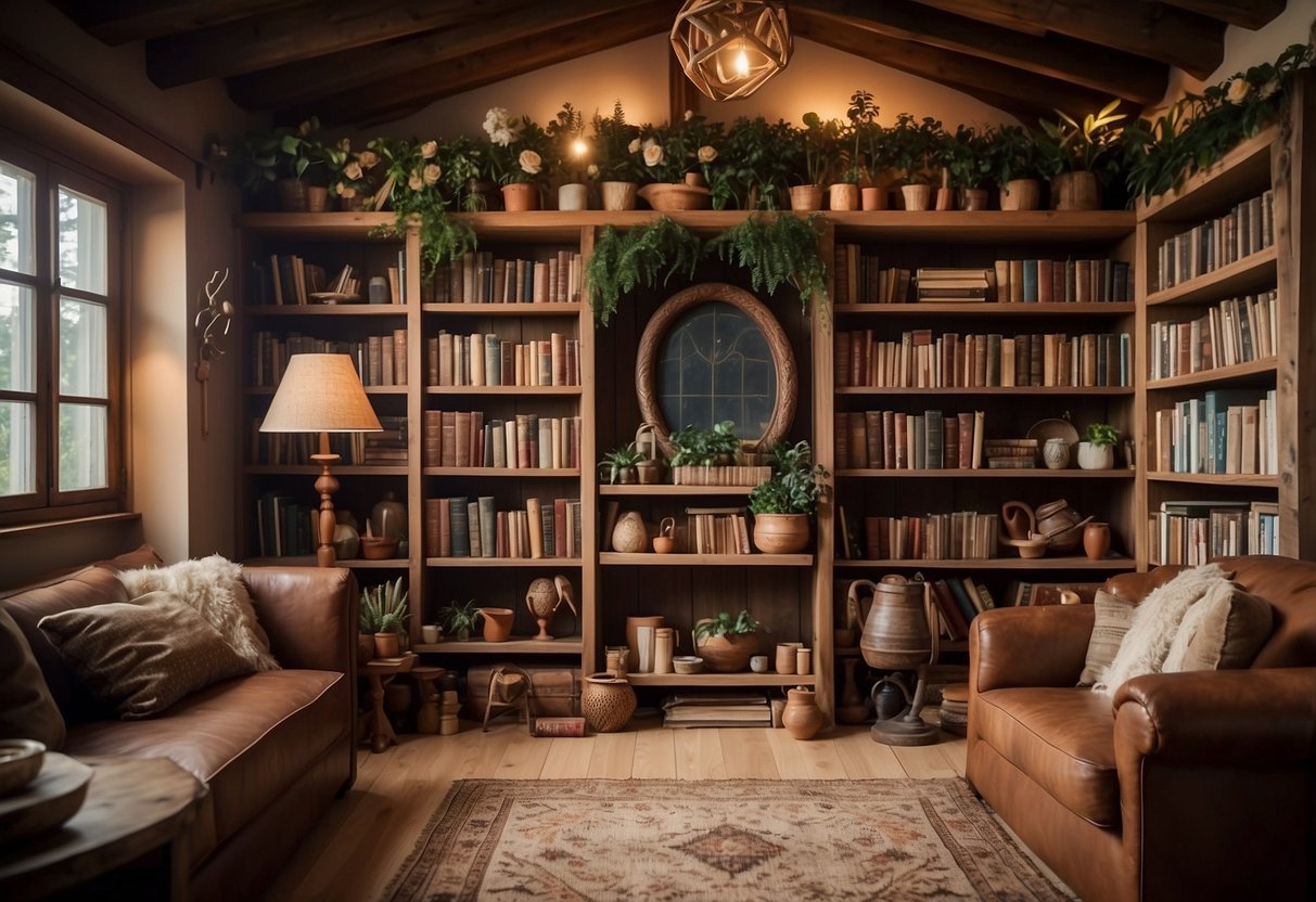 A handcrafted wooden bookshelf stands in a cozy hobbit-inspired home, adorned with whimsical decor and natural elements