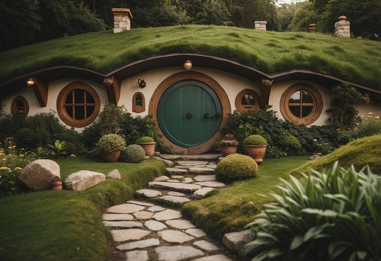 A cozy hobbit home with earthy tones, round doors, and windows, surrounded by lush greenery and a stone pathway leading to the entrance