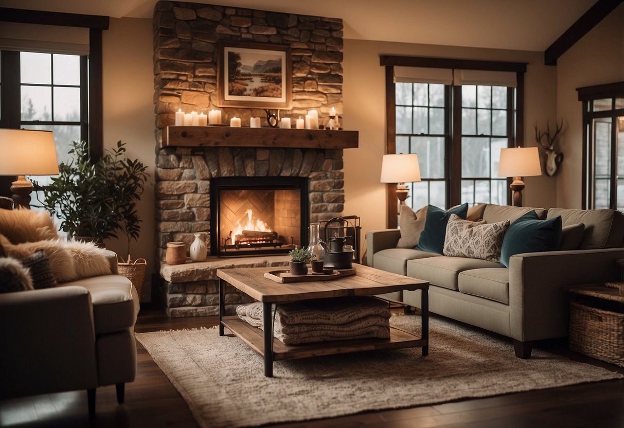 A cozy living room with a plush sofa, rustic wooden coffee table, and a decorative fireplace. Soft, warm lighting and vintage artwork complete the American style decor