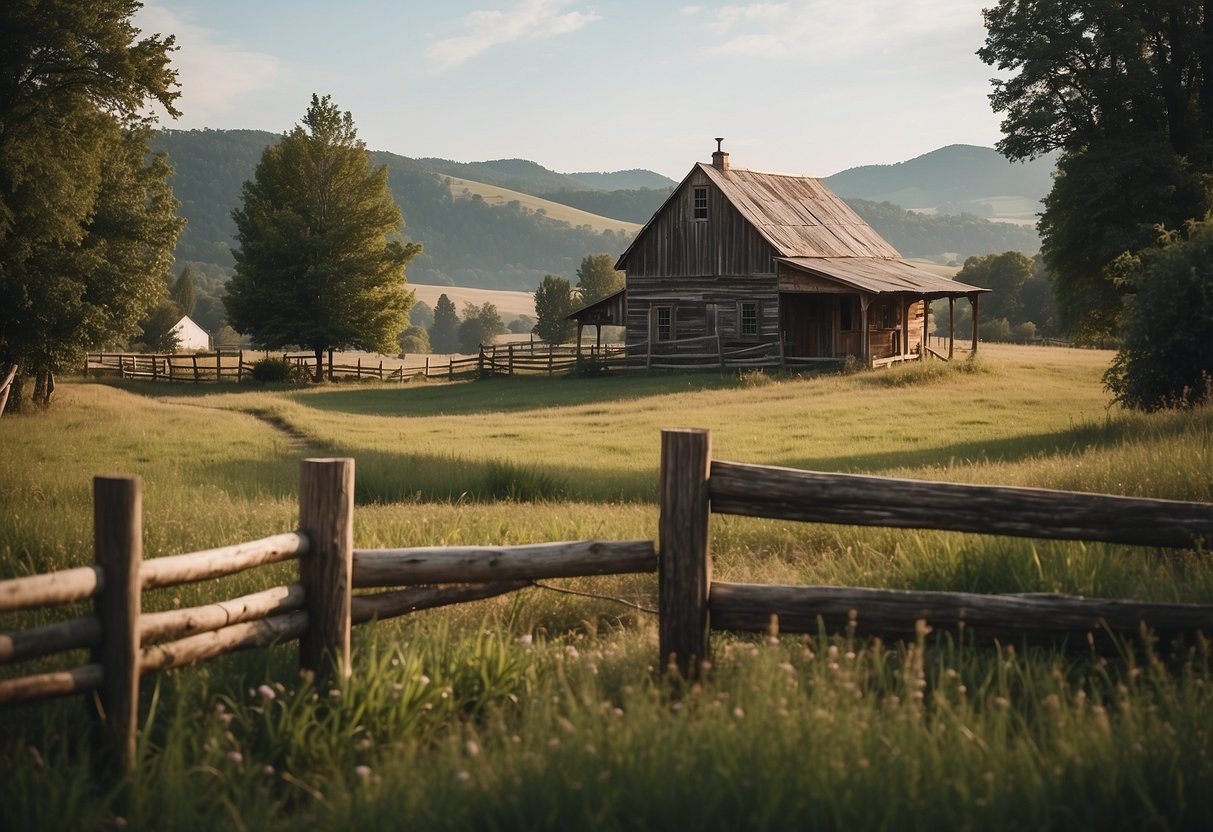 A quaint farmhouse with weathered wooden signs, surrounded by rolling hills and a rustic fence