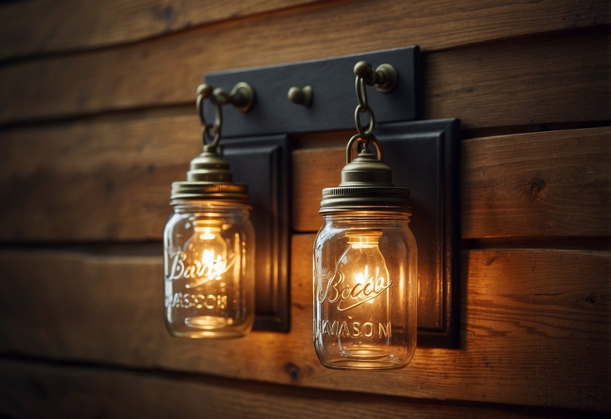 Two mason jar wall sconces hang on a wooden wall, emitting a warm glow. Classic American home decor with a rustic touch