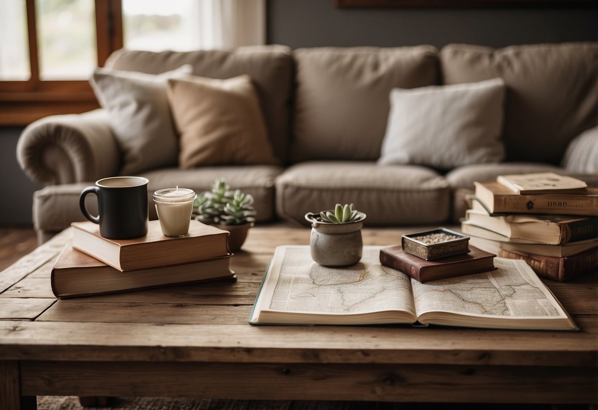 A cozy living room with a rustic barnwood coffee table, adorned with American-style home decor, such as a vintage map, a woven throw, and a stack of books