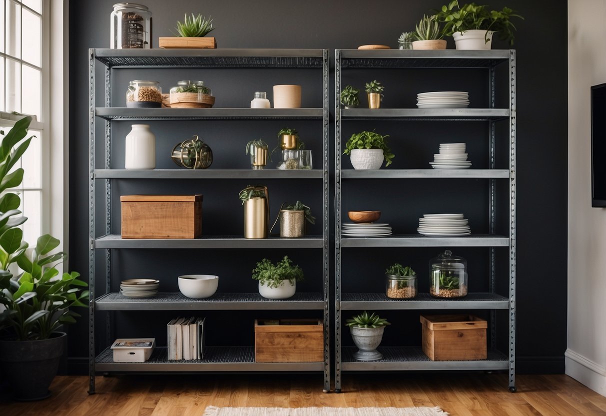 An industrial metal shelving unit filled with American style home decor items