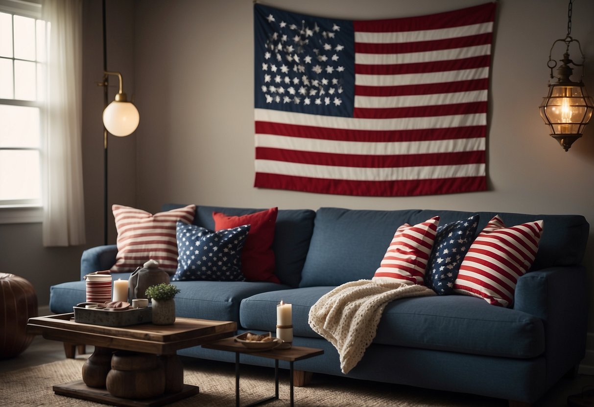 A cozy living room with red, white, and blue throw pillows featuring stars and stripes. A vintage American flag hangs on the wall, adding a patriotic touch to the decor