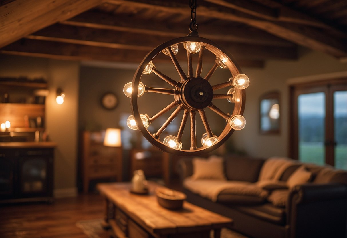 A rustic wooden wagon wheel chandelier hangs from the ceiling, casting a warm glow over a cozy American-style living room with vintage decor