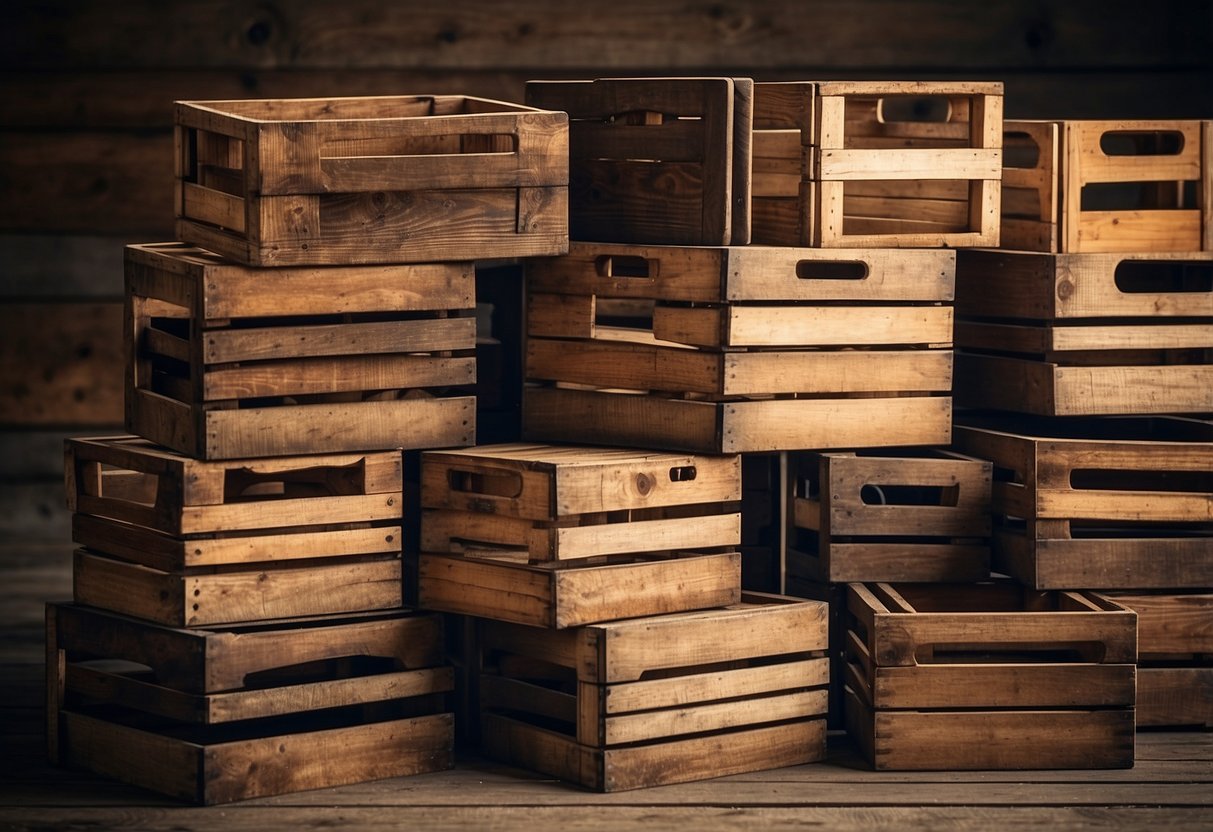 A stack of antique wooden crates arranged as home decor, with American style accents