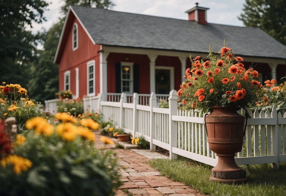 A front porch with a white picket fence, rocking chairs, and hanging flower baskets. A red barn with a weather vane in the background