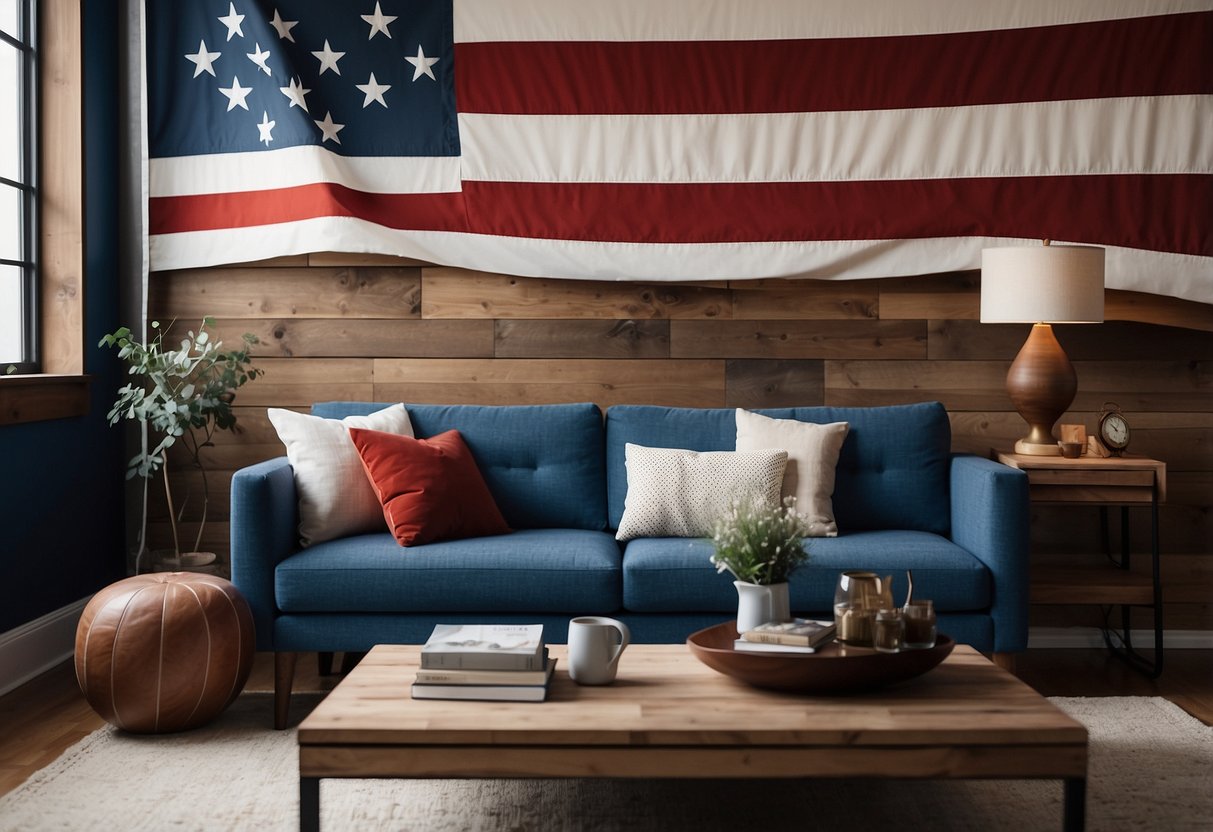 A modern living room with a vintage American flag as wall art, rustic wooden furniture, and a mix of red, white, and blue accents