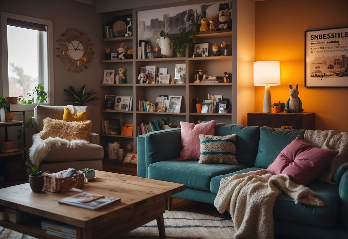 A cozy living room with anime posters, plushies, and figurines displayed on shelves. Brightly colored throw pillows and blankets add a pop of fun to the space