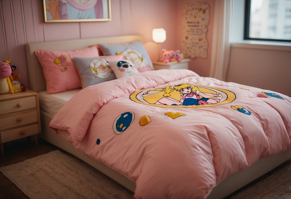 A bed with a Sailor Moon-themed bedspread, surrounded by anime-themed home decor items such as posters, plush toys, and figurines