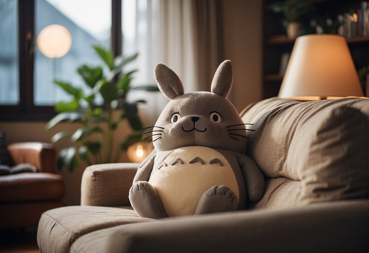 A cozy living room with a large sofa adorned with a Totoro-themed pillow. Soft lighting and warm colors create a welcoming atmosphere