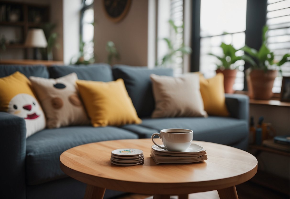 A cozy living room with Studio Ghibli coasters on a wooden coffee table, surrounded by plush pillows and framed anime artwork on the walls