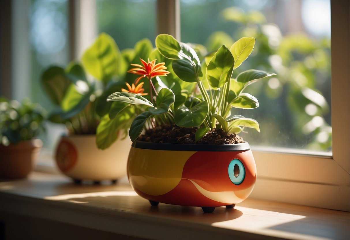 A colorful Pokémon Planter Set sits on a windowsill, surrounded by lush green plants. The sun streams in, casting a warm glow on the whimsical anime home decor