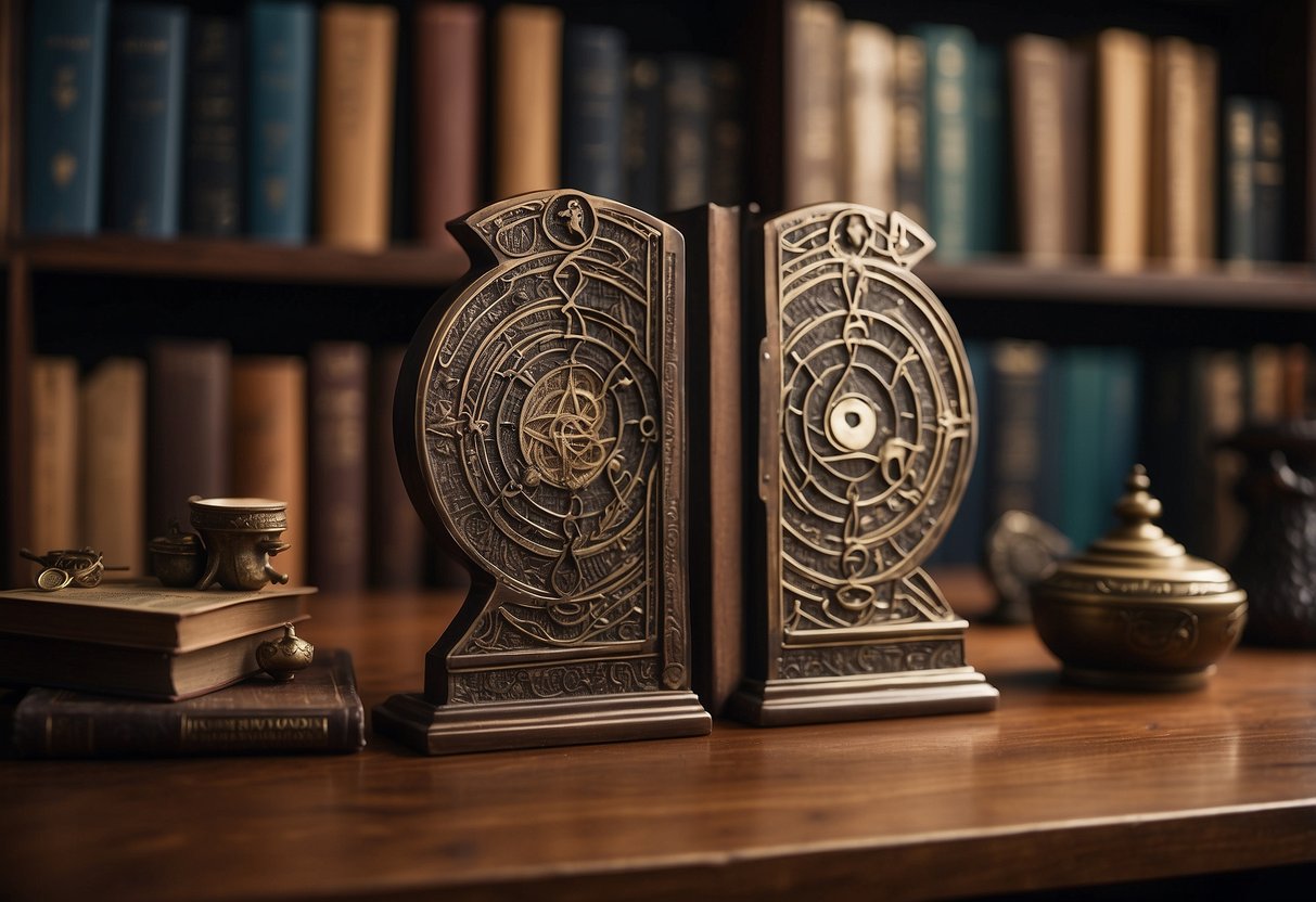 Two metal bookends with alchemical symbols, surrounded by books and a transmutation circle, on a wooden shelf