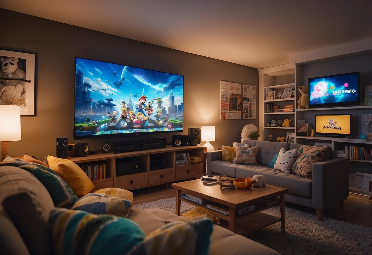 A cozy living room with shelves filled with anime figurines, posters, and plushies. A large TV plays a popular anime series, while colorful throw pillows and blankets add a touch of anime flair to the space