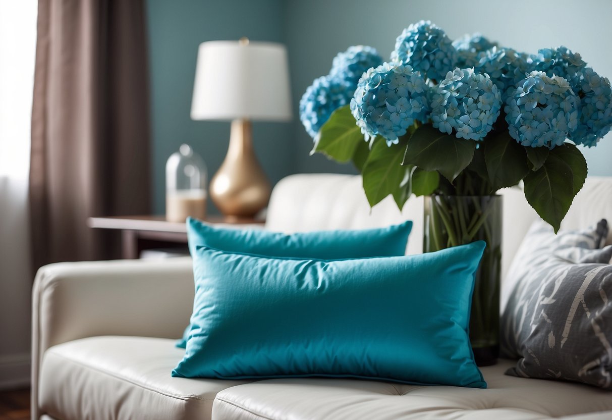 Aqua blue throw pillows on a white couch, a vase of blue hydrangeas on a coffee table, and a turquoise rug on hardwood floors